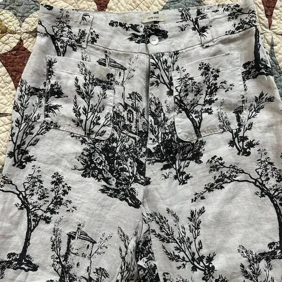 Joie white + black lightweight linen vintage scene patterned pants Size 6 - Picture 2 of 4